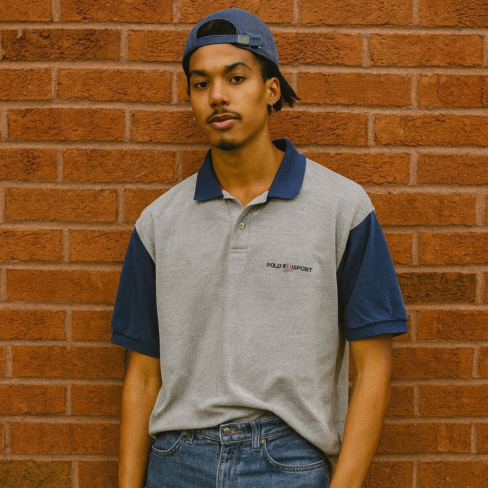 Vintage Polo Sport Ralph Lauren Polo Shirt Mens Large Gray Blue Colorblock‎ Prep